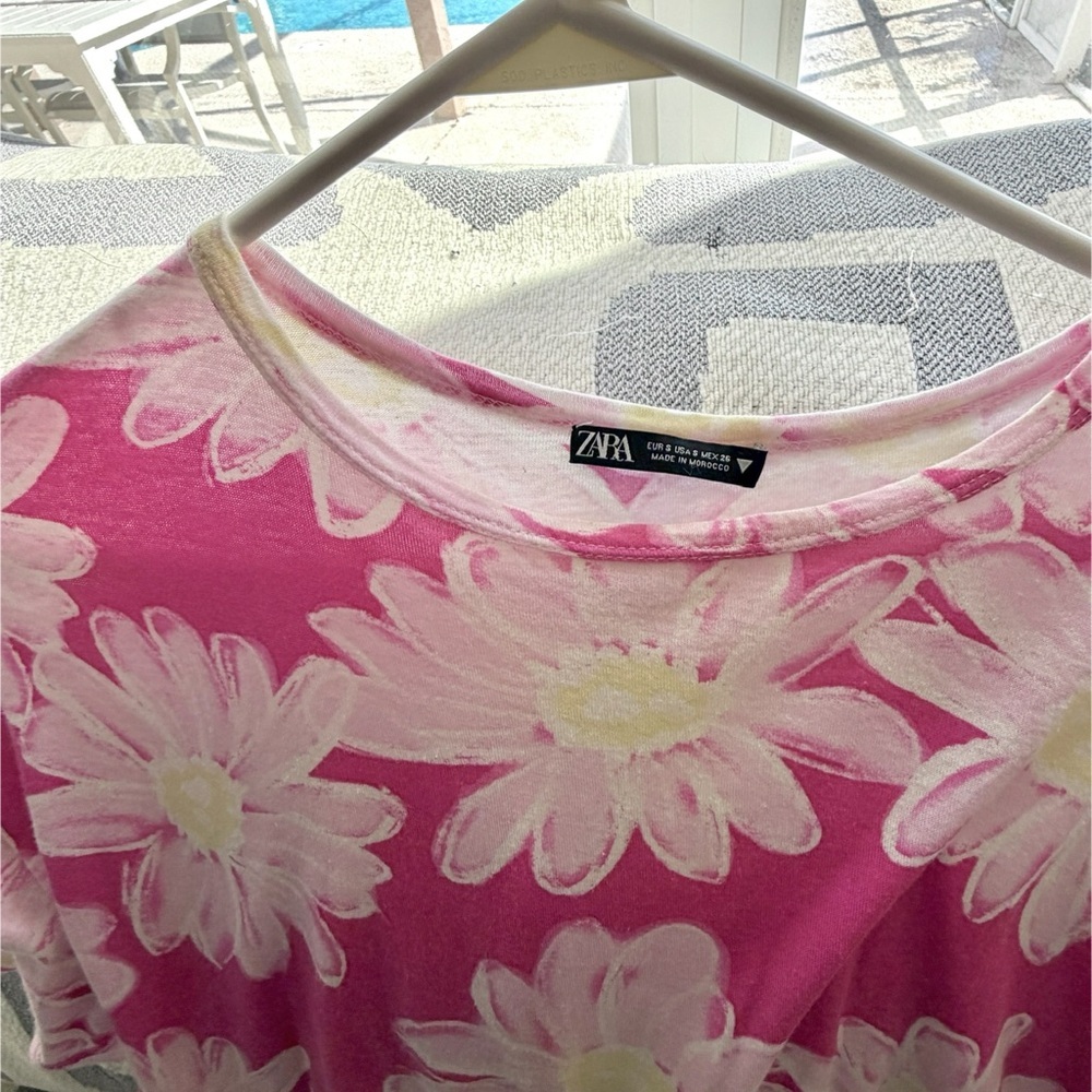 Zara Pink Short Sleeve Shirt size S Daisy Flower Printed Casual Pullover spring - Picture 5 of 6